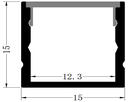 [DGPR-1026549] Perfil de Aluminio p/Cinta LED con PCB de 5-12mm, DG-S1515, Medidas: 15x15x2500mm, p/Superficie, incluye: difusor opal con nivel de transparencia de un 65%, 2 tapas terminales y 4 clips, Plateado