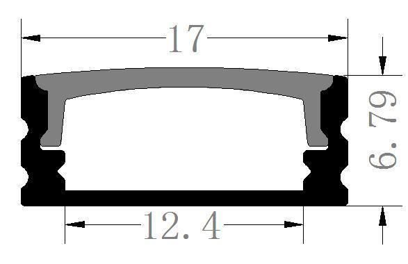 Perfil de Aluminio p/Cinta LED con PCB de 5-10mm, DG-S1706, Medidas: 17x6.79x2500mm, p/Superficie, incluye: difusor opal con nivel de transparencia de un 65%, 2 tapas terminales y 4 clips, Plateado