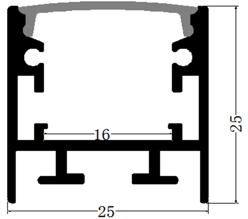 Perfil de Aluminio p/Cinta LED con PCB de 5-12mm, DG-S2525, Medidas: 25x25x2500mm, p/Superficie, incluye: difusor opal con nivel de transparencia de un 65%, 2 tapas terminales y 4 clips, Plateado