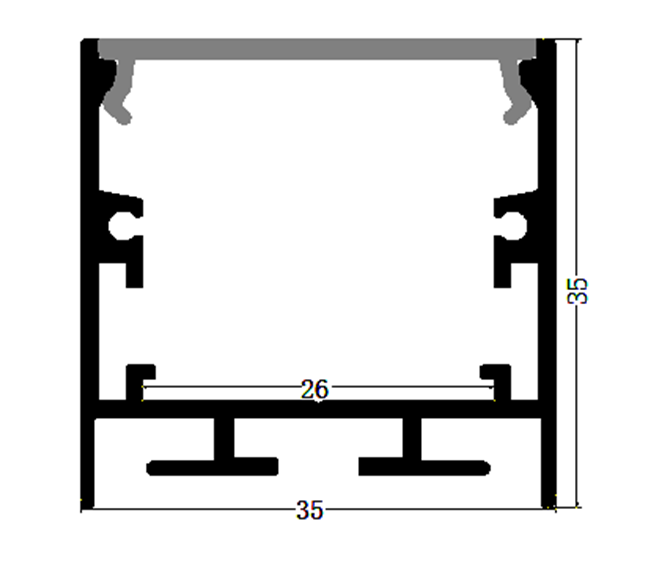 Perfil de Aluminio p/Cinta LED con PCB de 8-20mm, DG-S3535, Medidas: 35x35x2500mm, p/Superficie, incluye: difusor opal con nivel de transparencia de un 65%, 2 tapas terminales y 4 clips, Plateado