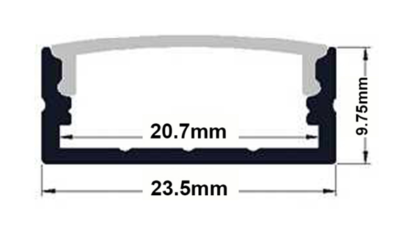 Perfil de Aluminio p/Cinta LED con PCB de 10-20mm, DG-S2310, Medidas: 23.5x9.75x2500mm, p/Superficie, incluye: difusor opal con nivel de transparencia de un 65%, 2 tapas terminales y 4 clips, Plateado