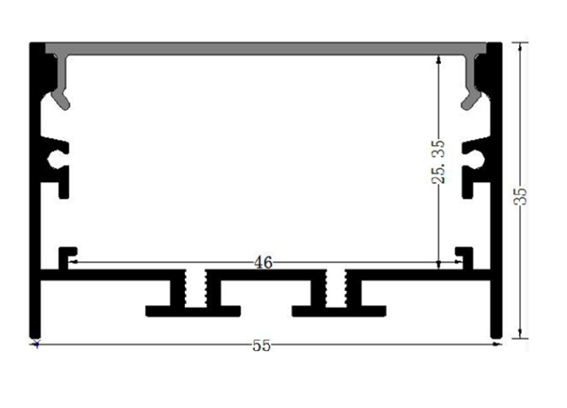 Perfil de Aluminio p/Cinta LED con PCB de 8-40mm, DG-S5535, Medidas: 55x35x2500mm, p/Superficie, incluye: difusor opal con nivel de transparencia de un 65%, 2 tapas terminales y 4 clips, Plateado