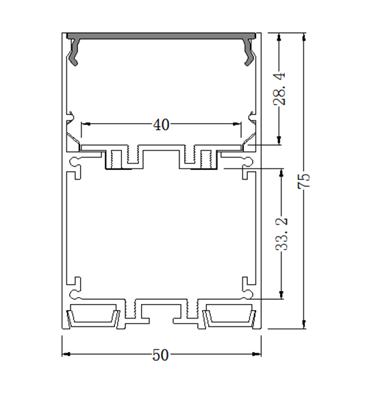 Perfil de Aluminio p/Cinta LED con PCB de 8-40mm, DG-C5075, Medidas: 50x75x2500mm, p/Colgar, incluye: difusor opal con nivel de transparencia de un 65%, 2 tapas terminales, Plateado