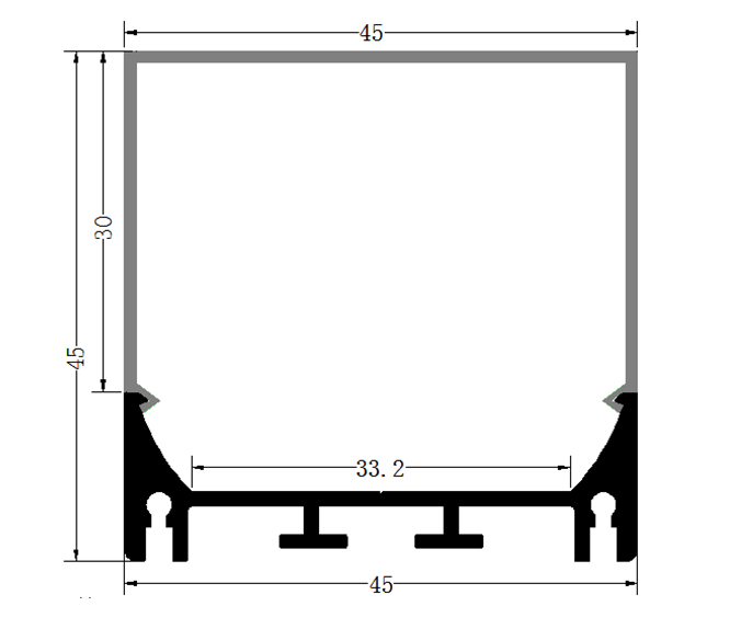 Perfil de Aluminio p/Cinta LED con PCB de 8-30mm, DG-S4545, Medidas: 45x45x2500mm, p/Superficie, incluye: difusor opal con nivel de transparencia de un 65%, 2 tapas terminales, 4 clips y 4 tornillos, Plateado