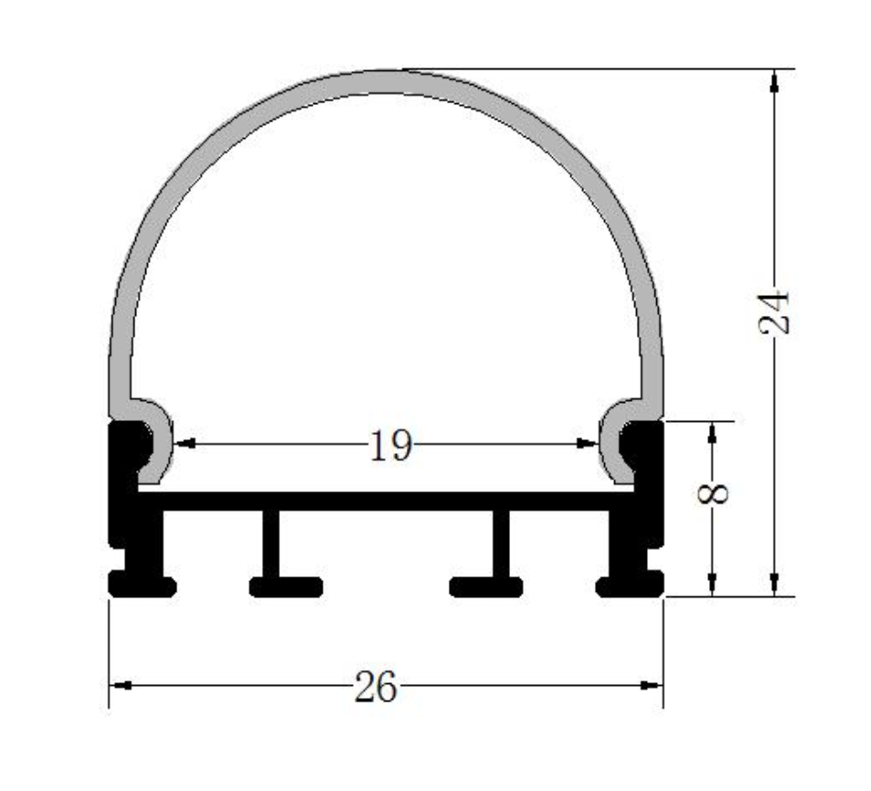 Perfil de Aluminio p/Cinta LED con PCB de 10-15mm, DG-C2625A, Medidas: 26x25x2500mm, p/Colgar, incluye: difusor opal con nivel de transparencia de un 65%, 2 tapas terminales, 4 clips y 4 tornillos, Plateado