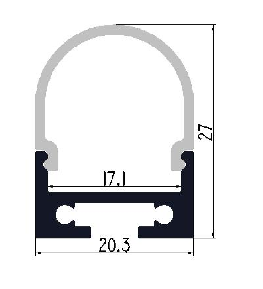 Perfil de Aluminio p/Cinta LED con PCB de 8-15mm, DG-C2011A, Medidas: 20.3x27x2500mm, p/Colgar, incluye: difusor opal con nivel de transparencia de un 65%, 2 tapas terminales, 4 clips y 4 tornillos, Plateado