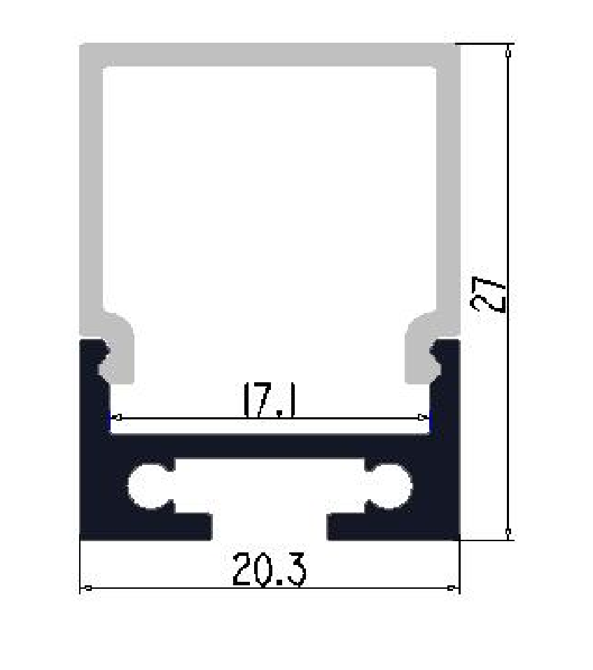 Perfil de Aluminio p/Cinta LED con PCB de 8-15mm, DG-C2011B, Medidas: 20.3x27x2500mm, p/Colgar, incluye: difusor opal con nivel de transparencia de un 65%, 2 tapas terminales, 4 clips y 4 tornillos, Plateado