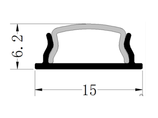 Perfil de Aluminio p/Cinta LED con PCB de 8mm, DG-S1506, Medidas: 15x6.2x2500mm, p/Superficie, incluye: difusor opal con nivel de transparencia de un 65%, 2 tapas terminales, 4 clips, Plateado