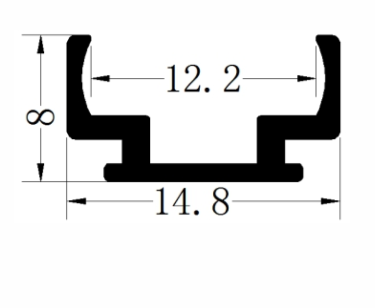 Perfil de Aluminio DG-1408 p/Tubo de silicona de Cinta LED con PCB de 10mm, Medidas: 14.8x8x2500mm, IP65, Plateado