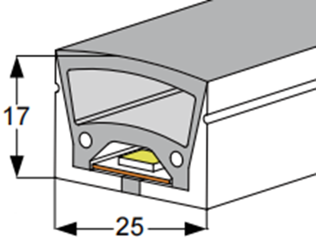 Tubo de Neón de 5mts, DG-2517 para Cinta LED de ancho (PCB) 12mm, Dimensiones: 25x17x5000mm, Material: Silicona, IP65