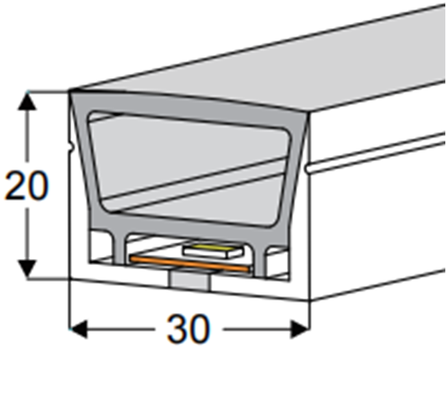 Tubo de Neón de 5mts, DG-3020 para Cinta LED de ancho (PCB) 12-15mm, Dimensiones: 30x20x5000mm, Material: Silicona, IP65