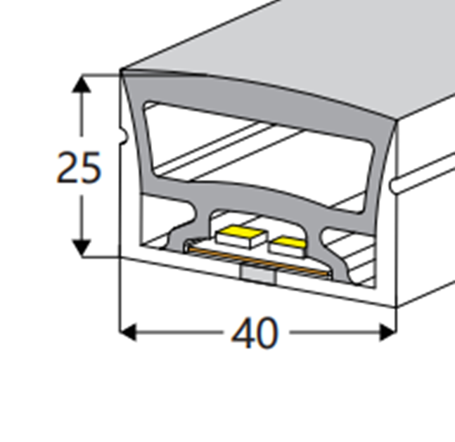 Tubo de Neón de 5mts, DG-4025 para Cinta LED de ancho (PCB) 20mm, Dimensiones: 40x25x5000mm, Material: Silicona, IP65