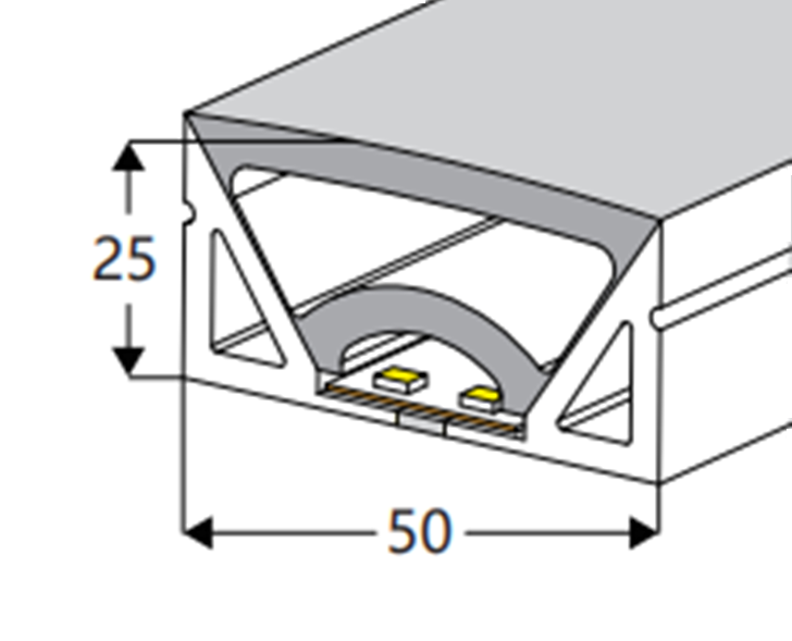 Tubo de Neón de 5mts, DG-5025 para Cinta LED de ancho (PCB) 20mm, Dimensiones: 50x25x5000mm, Material: Silicona, IP65