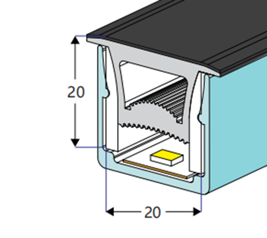 Tubo de Neón de 5mts, DG-2020B para Cinta LED de ancho (PCB) 10-12mm, Dimensiones: 20x20x5000mm, Material: Silicona, IP65