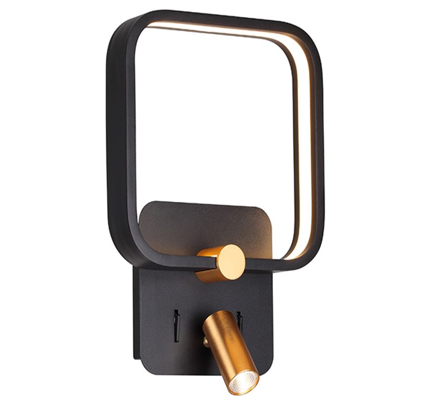 Lámpara LED Decorativa de Pared (Aplique), DG50342W, 19W, 4000K Blanco Natural, 85-265Vac, con Switch ON-OFF, Dimensiones: 220x90x330mm, IP20, Negro con dorado