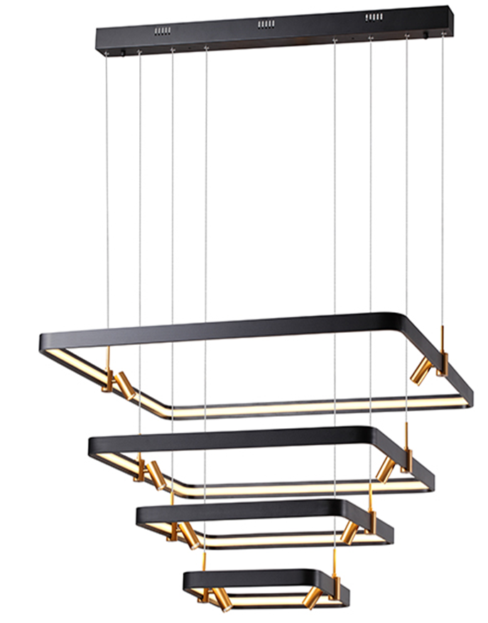 Lámpara LED Decorativa Colgante, DG50355P, 256W, 4000K Blanco Natural, 85-265Vac, Dimensiones: (410x380+610x580+810x780+1010x980) x 2000mm, IP20, Negro con dorado