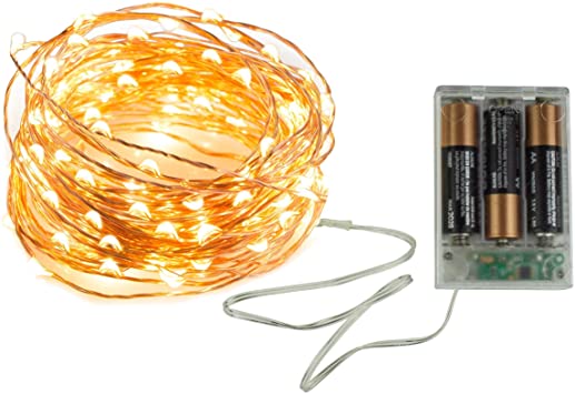 Extensión Navideña LED p/Exterior con Batería, 0.3W, 2700K Blanco Cálido, 100LED/10Metros, 8 funciones, con Cable color cobre, IP65, No incluye baterías