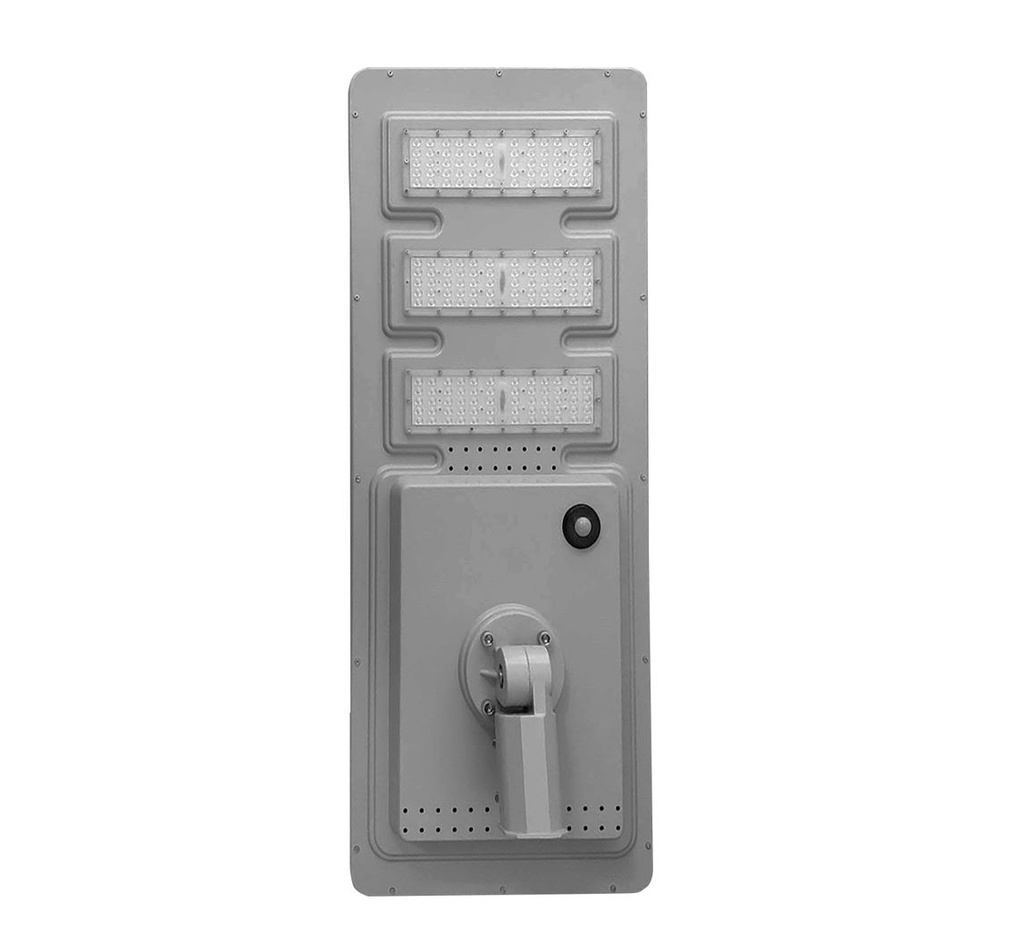 Lámpara Solar de Calle LED de 80W con Panel Integrado de18V, SMD3030, 6000K Blanco Frío, 140x70 Grados, Con Batería de Litio 120AH,  3.2V, IP65, Gris