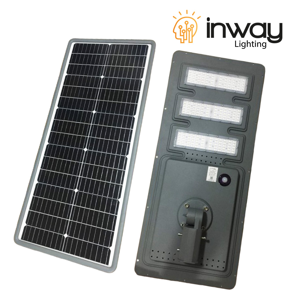 Lámpara Solar de Calle LED de 80W con Panel Integrado de18V, SMD3030, 6000K Blanco Frío, 140x70 Grados, Con Batería de Litio 120AH,  3.2V, IP65, Gris