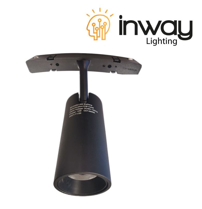 Lámpara de Superficie Magnética LED tipo Arco Spotlight p/Riel de 20mm de ancho, 10W, 4000K Blanco Natural, 48Vdc, Diámetro: 48mm, Instalación: Empotrar o Superficie, 24 Grados, Negra