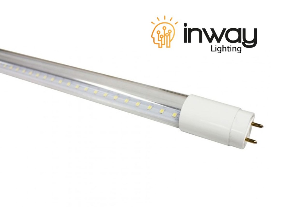 Tubo T8 LED, FP>0.9, 18W, 48"(120cm), G13, 6000K Blanco Frío, 100-277Vac, Alimentación Doble, Clear, Glass, 105Lm/W
