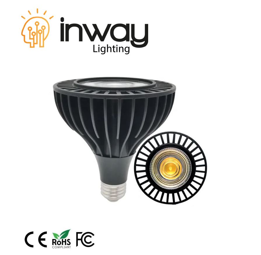 Bombilla LED, PAR38 COB, 24W, 3000K Blanco Cálido, 100-260Vac, E27, IP20, 24 Grados, Negro, Dimensiones: Ф120x138mm