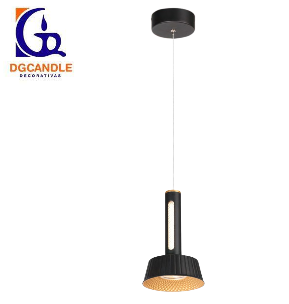 Lámpara LED Decorativa Colgante, DG50882P, 8W, 4000K Blanco Natural, 85-265Vac, Dimensiones: Φ150x1500mm, IP20, Negro con Dorado