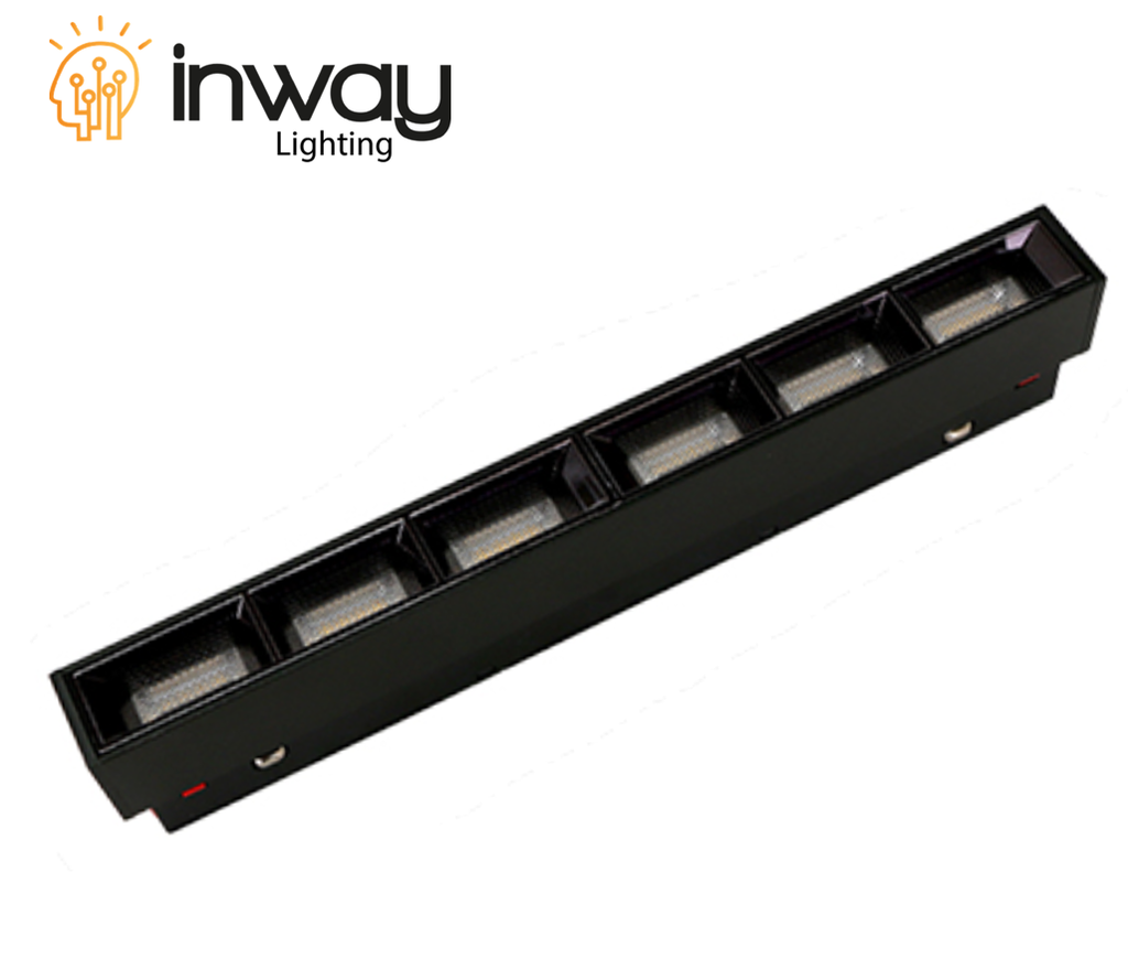 Lámpara Lineal Magnética LED p/Riel de 20mm de ancho con Rejillas Rectangular, 12W, 8.77"(223mm), 4000K Blanco Natural, 48Vdc, Instalación: Empotrar o Superficie, 24 Grados, Negra