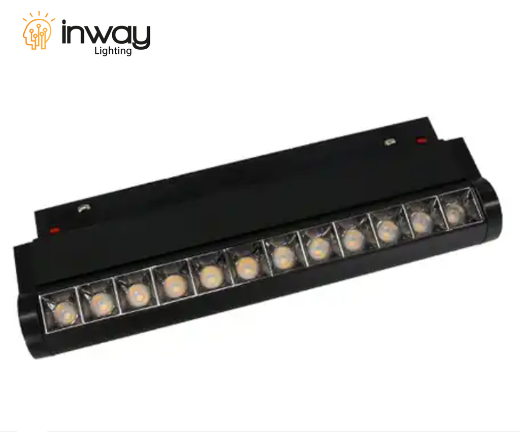 Lámpara Magnética LED p/Riel de 20mm de ancho con Rejilla / Ajustable, 12W, 9.13"(232mm), 4000K Blanco Natural, 48Vdc, Instalación: Empotrar o Superficie, 24 Grados, Negra