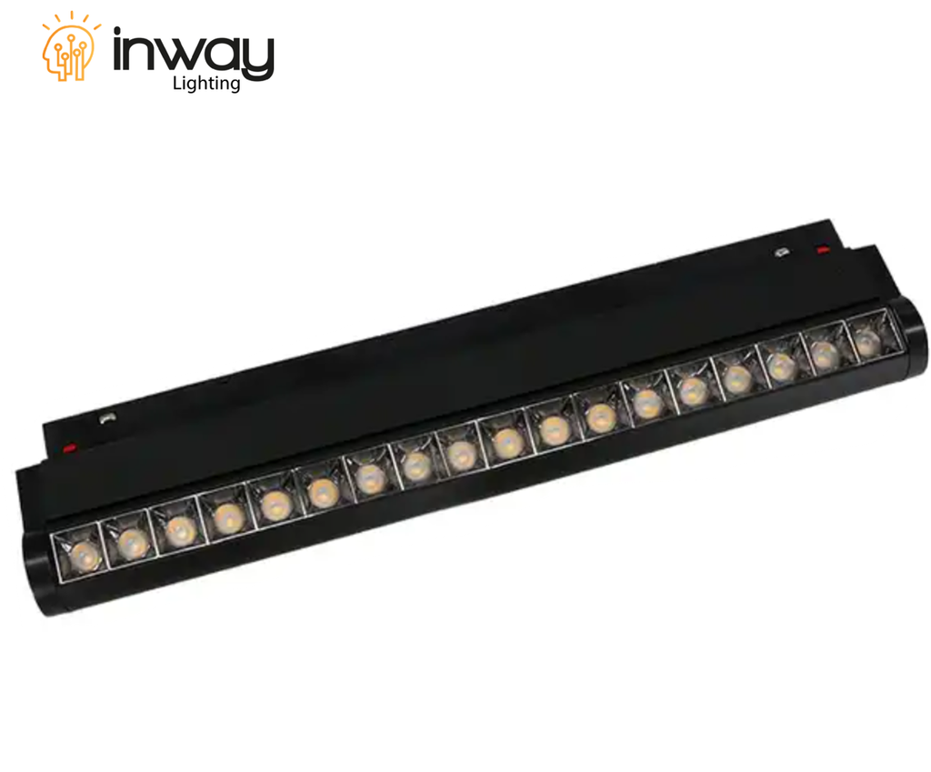 Lámpara Magnética LED p/Riel de 20mm de ancho con Rejilla / Ajustable, 18W, 13.22"(336mm), 4000K Blanco Natural, 48Vdc, Instalación: Empotrar o Superficie, 24 Grados, Negra