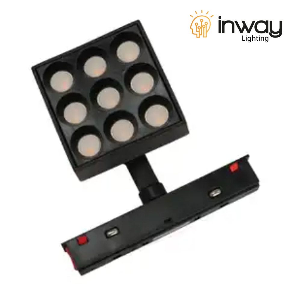 Lámpara Magnética LED tipo Spot Light p/Riel de 20mm de ancho con Rejilla, 9W, 2.55"(65mm), 4000K Blanco Natural, 48Vdc, Instalación: Empotrar o Superficie, 24 Grados, Negra