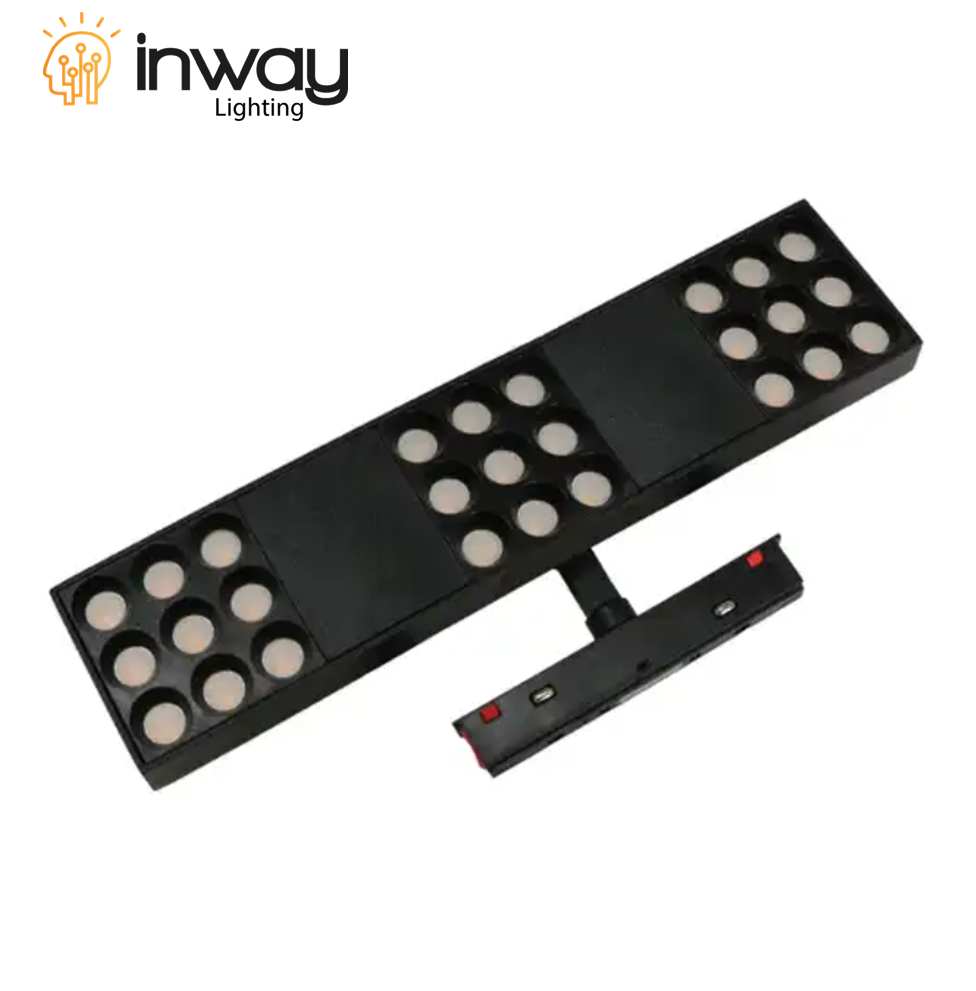 Lámpara Magnética LED tipo Spot Light p/Riel de 20mm de ancho con Rejilla, 27W, 11.02"(280mm), 4000K Blanco Natural, 48Vdc, Instalación: Empotrar o Superficie, 24 Grados, Negra