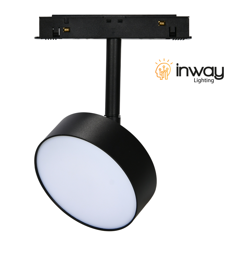 Lámpara Redonda de Superficie Magnética LED tipo Track Light p/Riel de 20mm de ancho, 12W, 4000K Blanco Natural, 48Vdc, Diámetro: 95mm, Instalación: Empotrar o Superficie, 120 Grados, Negra