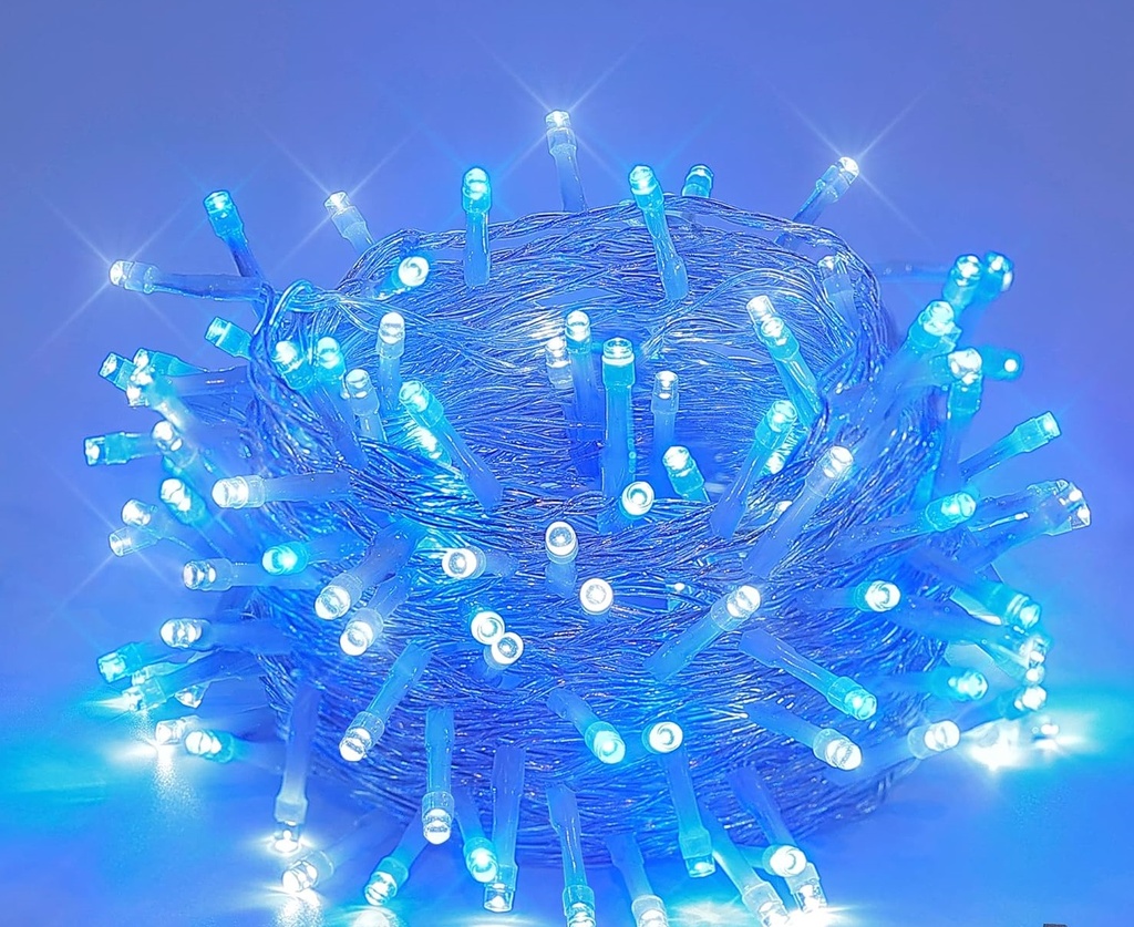 Extensión Navideña LED p/Exterior, 4W, Azul Celeste + CW 6000K Flash, 200LED/10Metros, 110Vac, Con cable verde de 3xφ0.18mm2, IP44