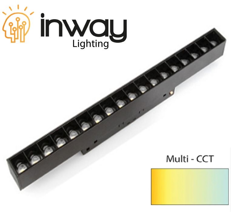 Lámpara Lineal Magnética LED p/Riel de 20mm de ancho con Rejilla, 24W, 17.16"(436mm), Múltiple CCT con Switch WW 3000K / NW 4000K / CW 6000K, 48Vdc, Instalación: Empotrar o Superficie, 24 Grados, Negra