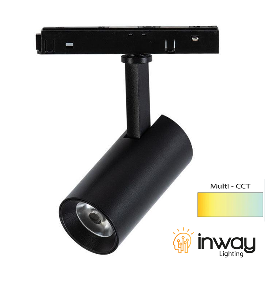 Lámpara de Superficie Magnética LED tipo Spotlight p/Riel de 20mm de ancho, 12W, Múltiple CCT con Switch WW 3000K / NW 4000K / CW 6000K, 48Vdc, Diámetro: 57mm, Instalación: Empotrar o Superficie, 24 Grados, Negra