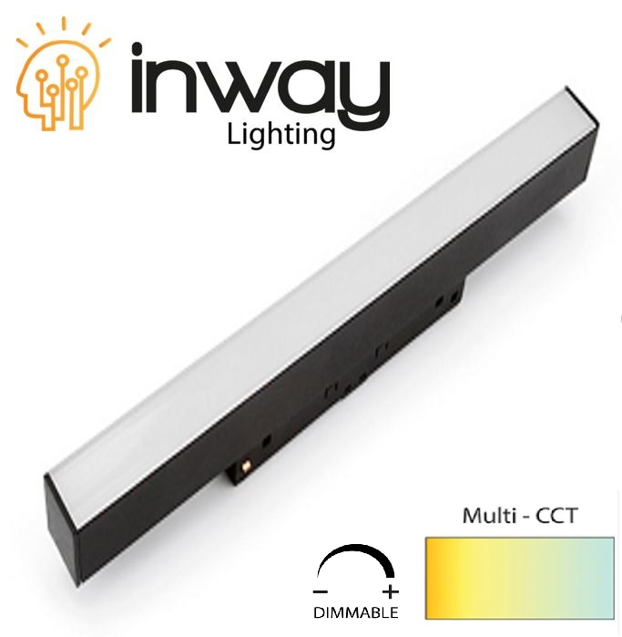 Lámpara Lineal Magnética LED p/Riel de 20mm de ancho, 18W, 17.71"(450mm), Múltiple CCT WW 3000K / CW 6000K, 48Vdc, Dimmable de 0-10V, Instalación: Empotrar o Superficie, 120 Grados, Negra