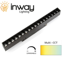 Lámpara Lineal Magnética LED p/Riel de 20mm de ancho con Rejilla, 6W, 4.48&quot;(114mm), Múltiple CCT WW 3000K / CW 6000K, 48Vdc, Dimmable de 0-10V, Instalación: Empotrar o Superficie, 24 Grados, Negra