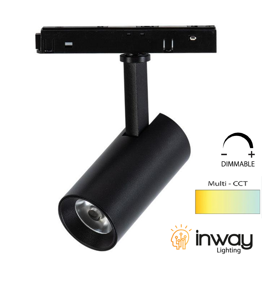 Lámpara de Superficie Magnética LED tipo Spotlight p/Riel de 20mm de ancho, 12W, Múltiple CCT WW 3000K / CW 6000K, 48Vdc, Dimmable de 0-10V, Diámetro: 45mm, Instalación: Empotrar o Superficie, 24 Grados, Negra