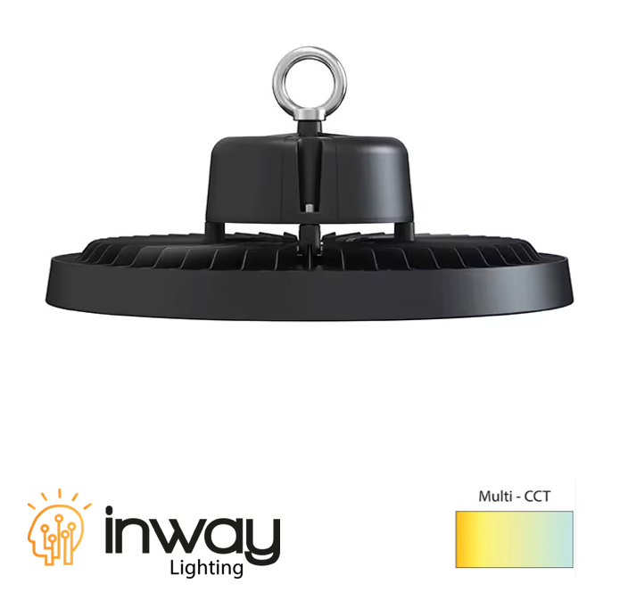 Lámpara High Bay SMD LED, Tipo UFO con Switch, 150W / 200W / 250W, Múltiple CCT WW 3000K / NW 4000K / CW 6000K, 100-277Vac, IP65, 90 Grados