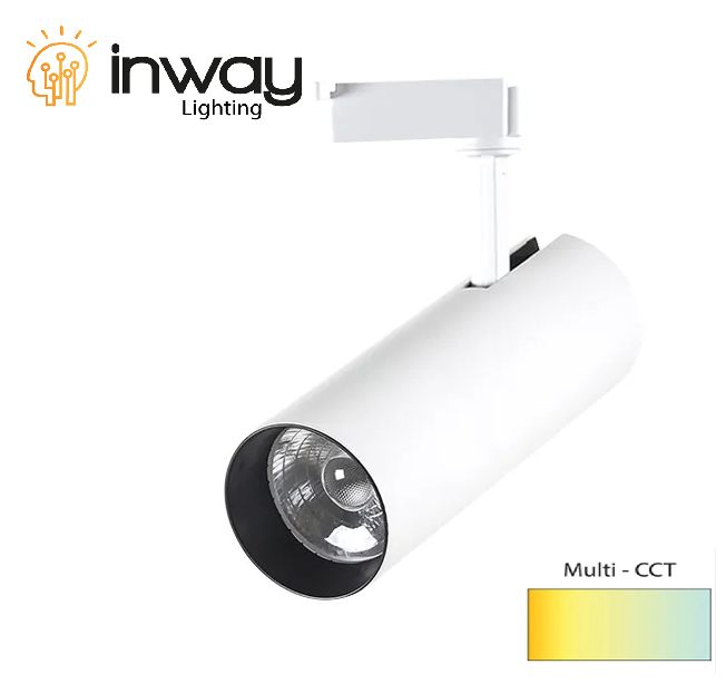 Lámpara de Riel (Track light), tipo COB de 2 cables, 10W, Múltiple CCT con Switch WW 3000K / NW 4000K / CW 6000K, 100-260Vac, IP20, 24 Grados, Cuerpo Blanco