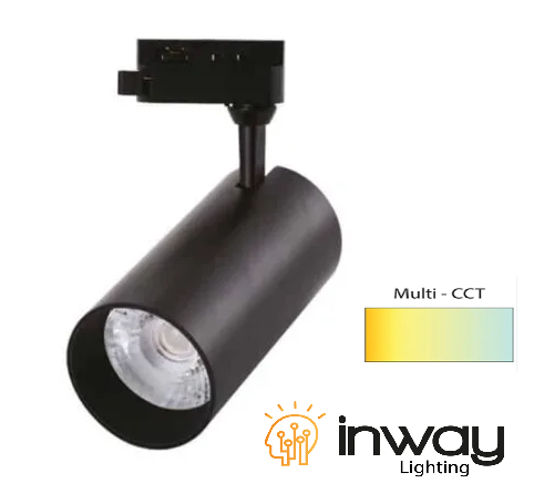 Lámpara de Riel (Track light) tipo COB de 2 cables, 24W, Múltiple CCT con Switch WW 3000K / NW 4000K / CW 6000K, 100-260Vac, IP20, 24 Grados, Cuerpo Negro