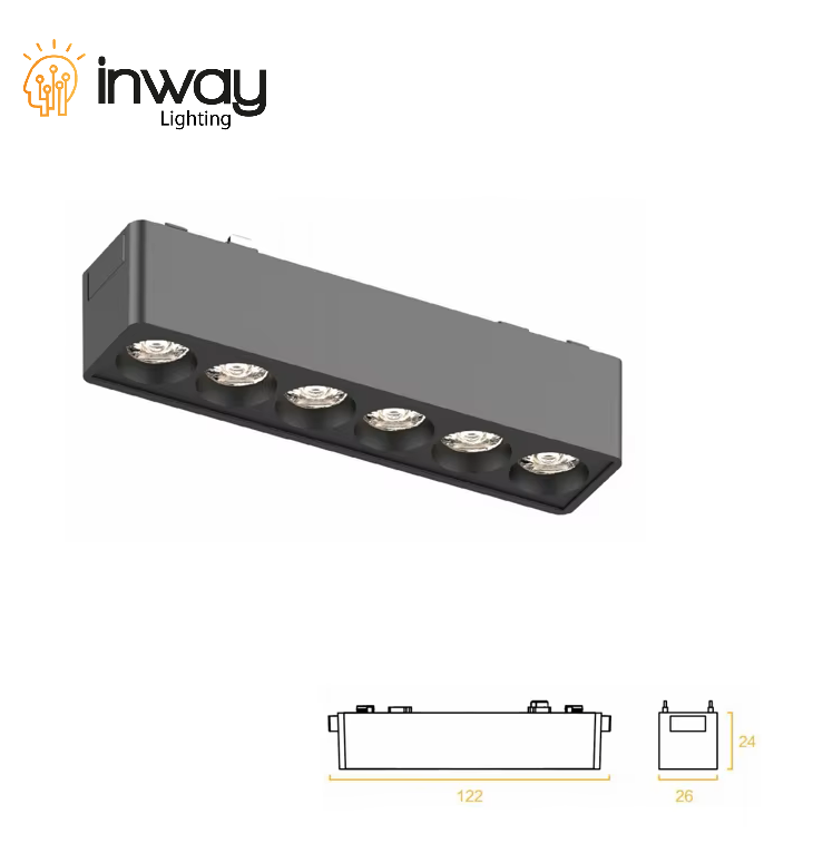Lámpara Slim Lineal Magnética LED p/Riel de 27mm de ancho, 6W, 15.15&quot;(131mm), 4000K Blanco Natural, 48Vdc, Instalación: Empotrar o Superficie, 24 Grados, Negra
