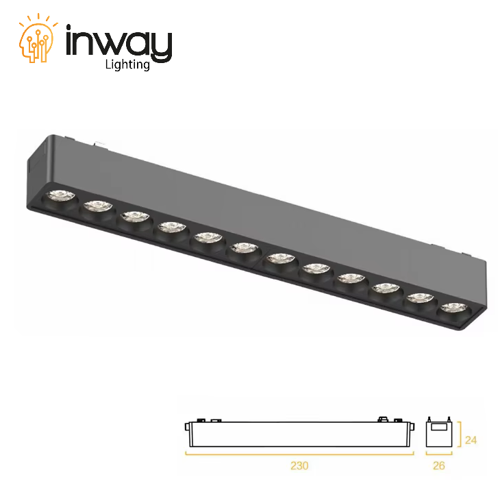 Lámpara Slim Lineal Magnética LED p/Riel de 27mm de ancho, 12W, 10.11&quot;(257mm), 4000K Blanco Natural, 48Vdc, Instalación: Empotrar o Superficie, 24 Grados, Negra
