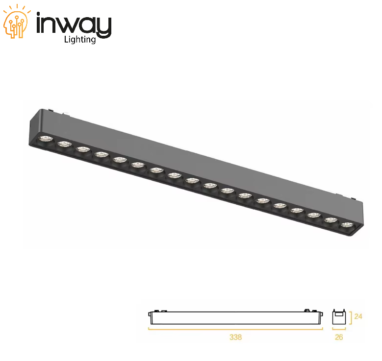 Lámpara Slim Lineal Magnética LED p/Riel de 27mm de ancho, 18W, 15.07"(383mm), 4000K Blanco Natural, 48Vdc, Instalación: Empotrar o Superficie, 24 Grados, Negra