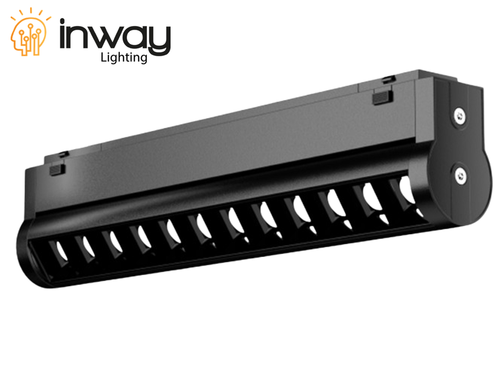 Lámpara Slim Magnética LED p/Riel de 27mm de ancho con Rejilla / Ajustable, 12W, 9.25"(235mm), 4000K Blanco Natural, 48Vdc, Instalación: Empotrar o Superficie, 24 Grados, Negra