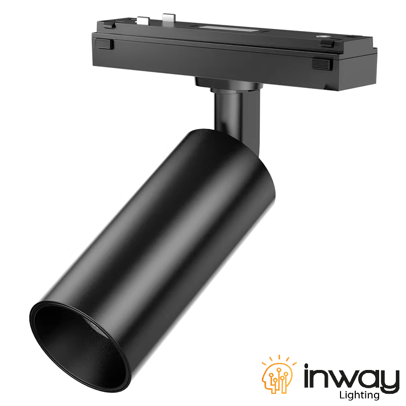 Lámpara Slim de Superficie Magnética LED tipo Spotlight p/Riel de 27mm de ancho, 12W, 4000K Blanco Natural, 48Vdc, Diámetro: 45mm, Instalación: Empotrar o Superficie, 24 Grados, Negra