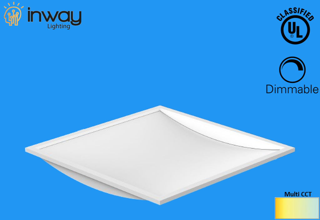 Lámpara tipo Troffer con difusor curvo, Cuadrado p/Empotrar con Switch, 25W / 30W / 40W, Múltiple CCT NW 4000K / 5000K / CW 6000K, 125Lm/w, 100-277Vac, Dimmable de 0-10Vdc, 24&quot;x24&quot;(600x600mm), Borde Blanco, UL
