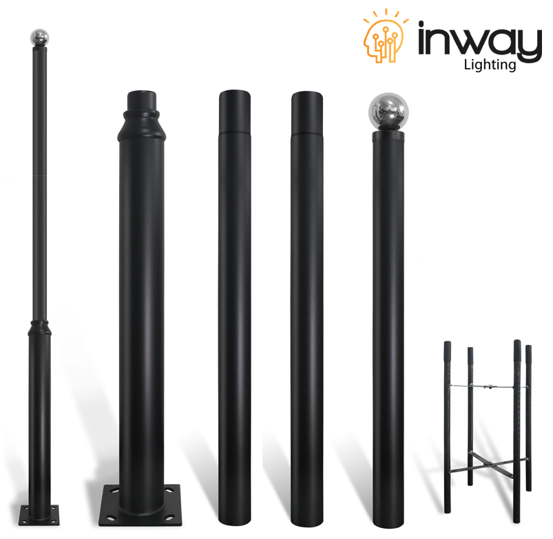 Poste Modular color negro p/Luminaria, Largo: 6Mts, con medida en la parte superior de 76mm, Incluye: base de sujeción 220x220xT8mm