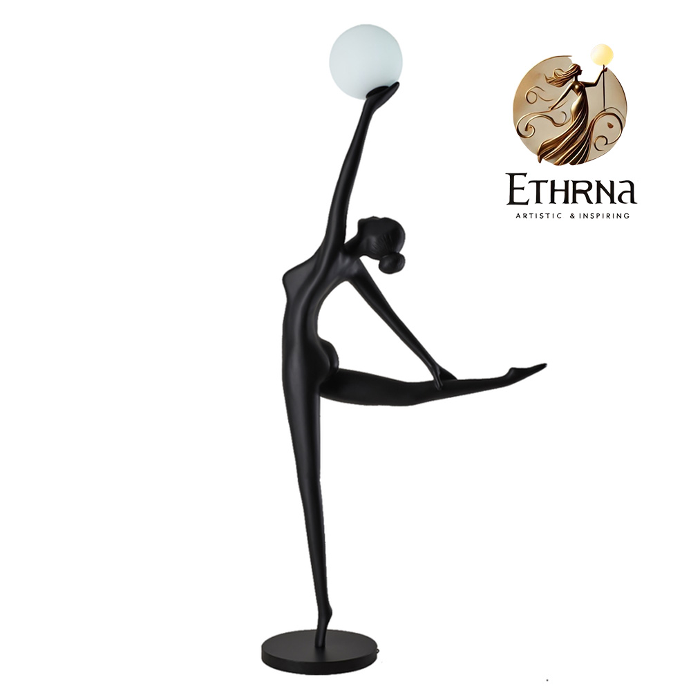 Galatea: Escultura de una figura femenina en equilibrio, con un globo de luz en alto y posturas elegantes, inspirada en Galatea, la obra de Pigmalión